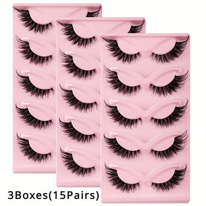 ✨3 Boxes (15 Pairs) Cat Eye Manga Lashes – Natural Long Winged Fake Eyelashes
